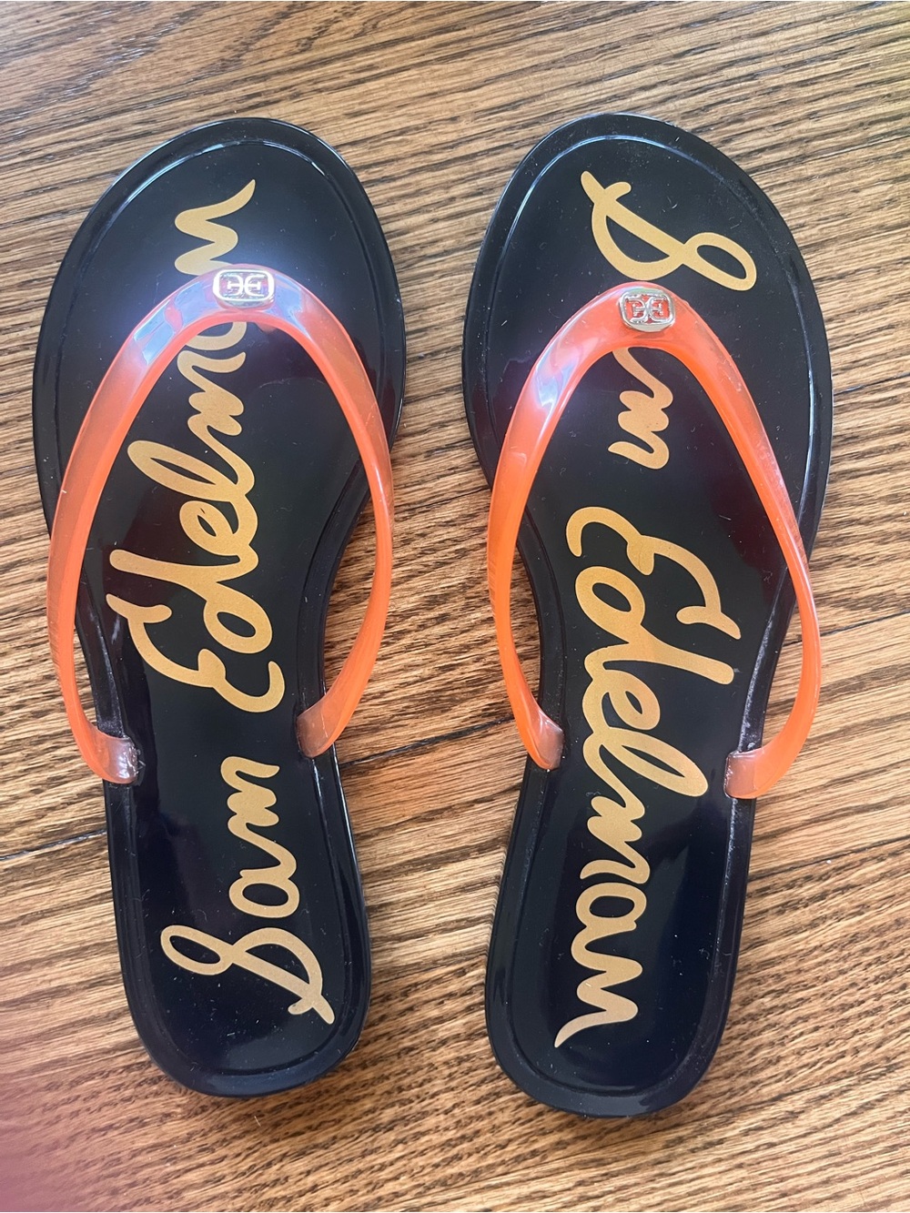 Sam Edelman Black Flip Flops with Orange Translucent Straps